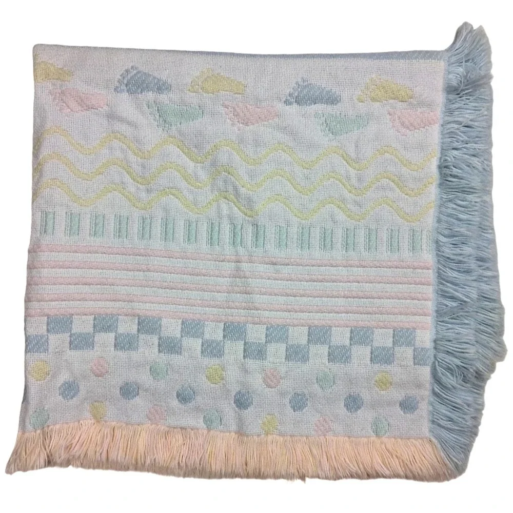 Vintage Pastel Woven Baby Throw Blanket Fringe Dots Foot Prints Feet Unisex
